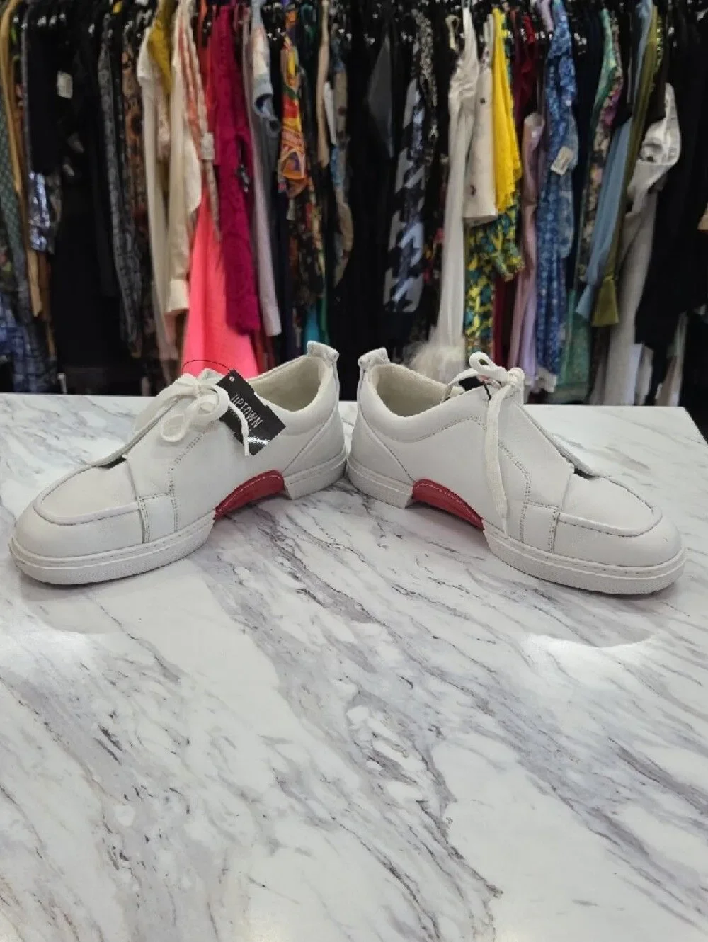 Christian Louboutin White Low-Top Leather Sneakers with Red Heel Accent